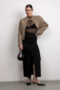 BLACK DENIM COLUMN MAXI SKIRT