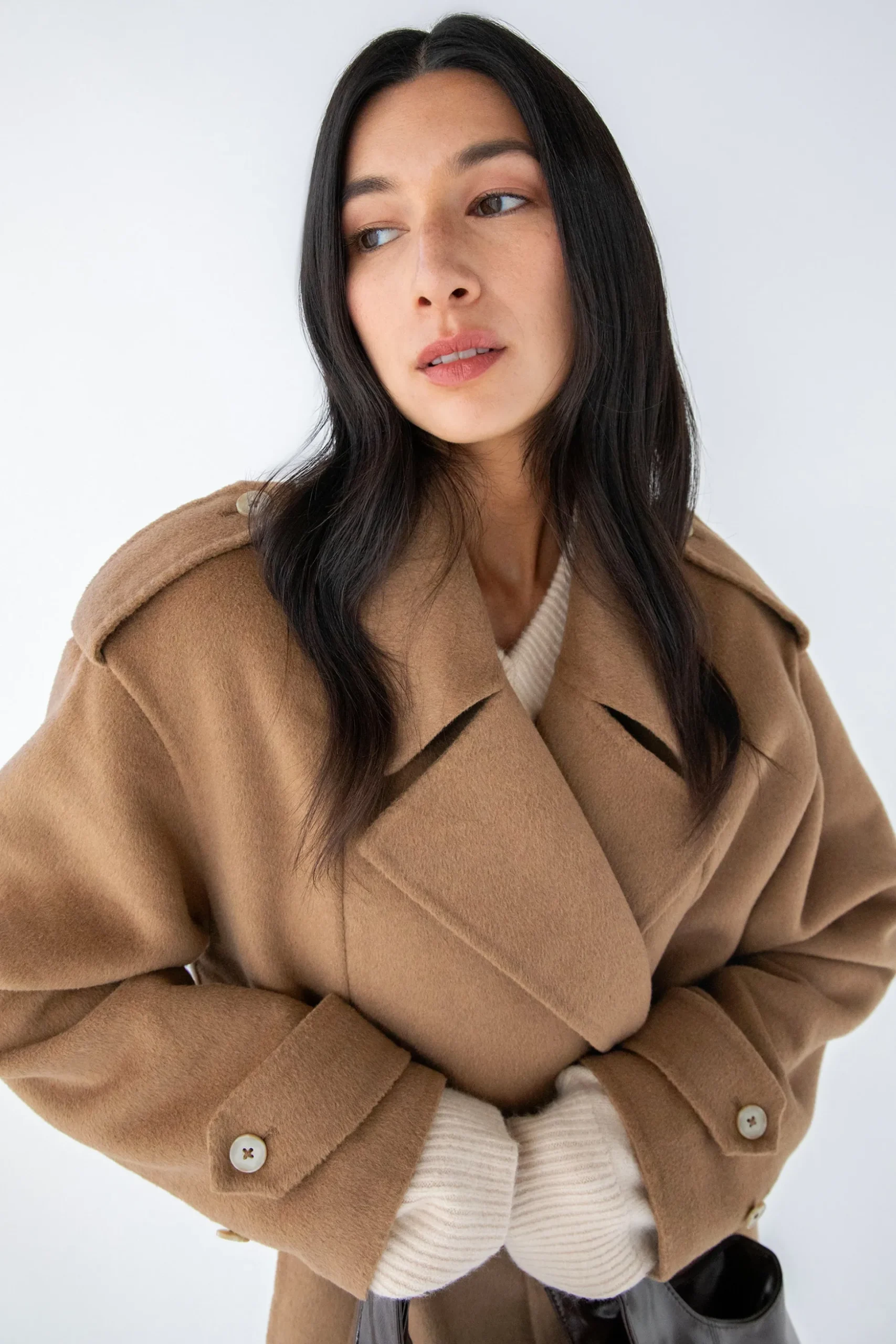BRUSHED WOOL-BLEND BELTED COAT