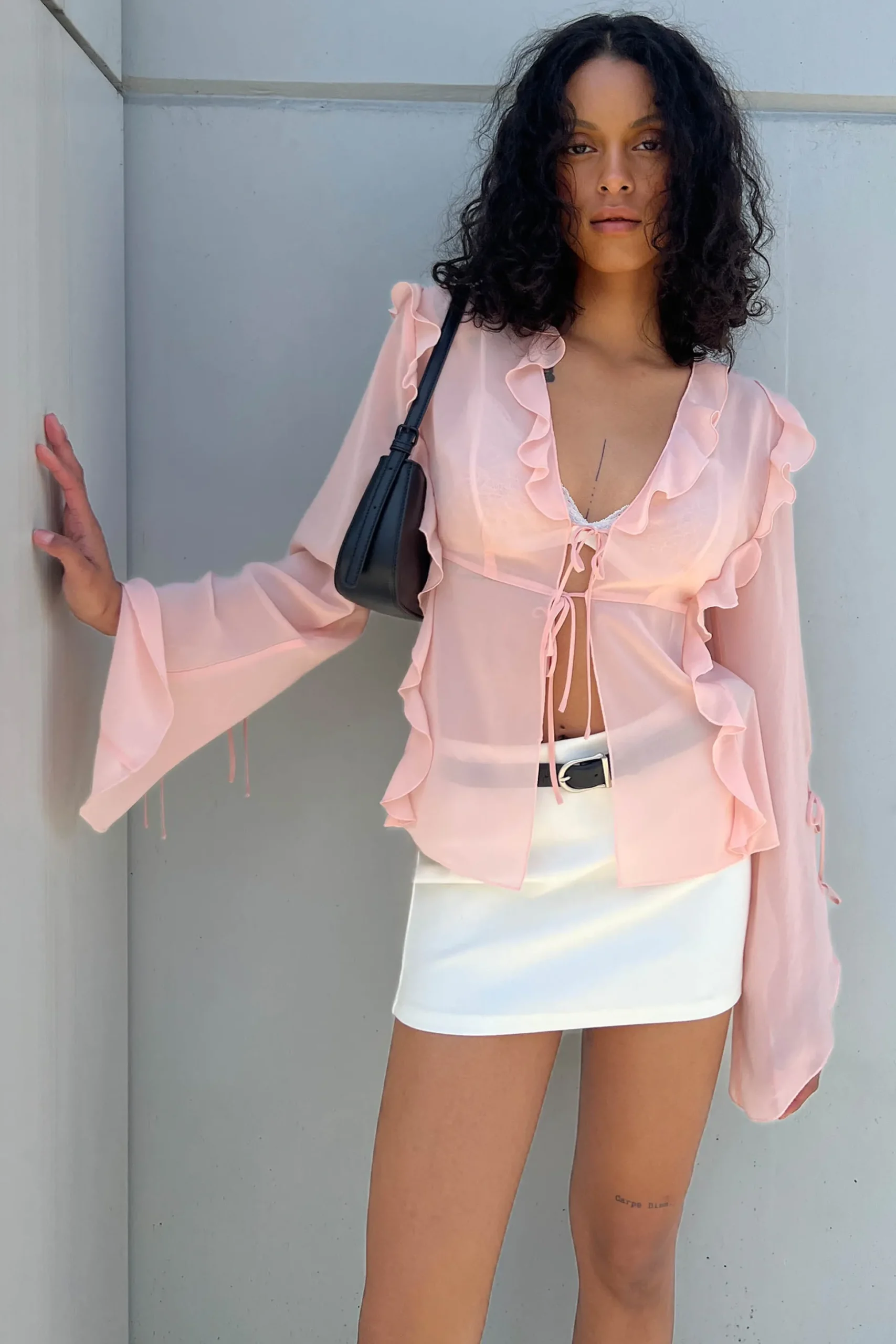CHIFFON RUFFLED BLOUSE WITH TIES