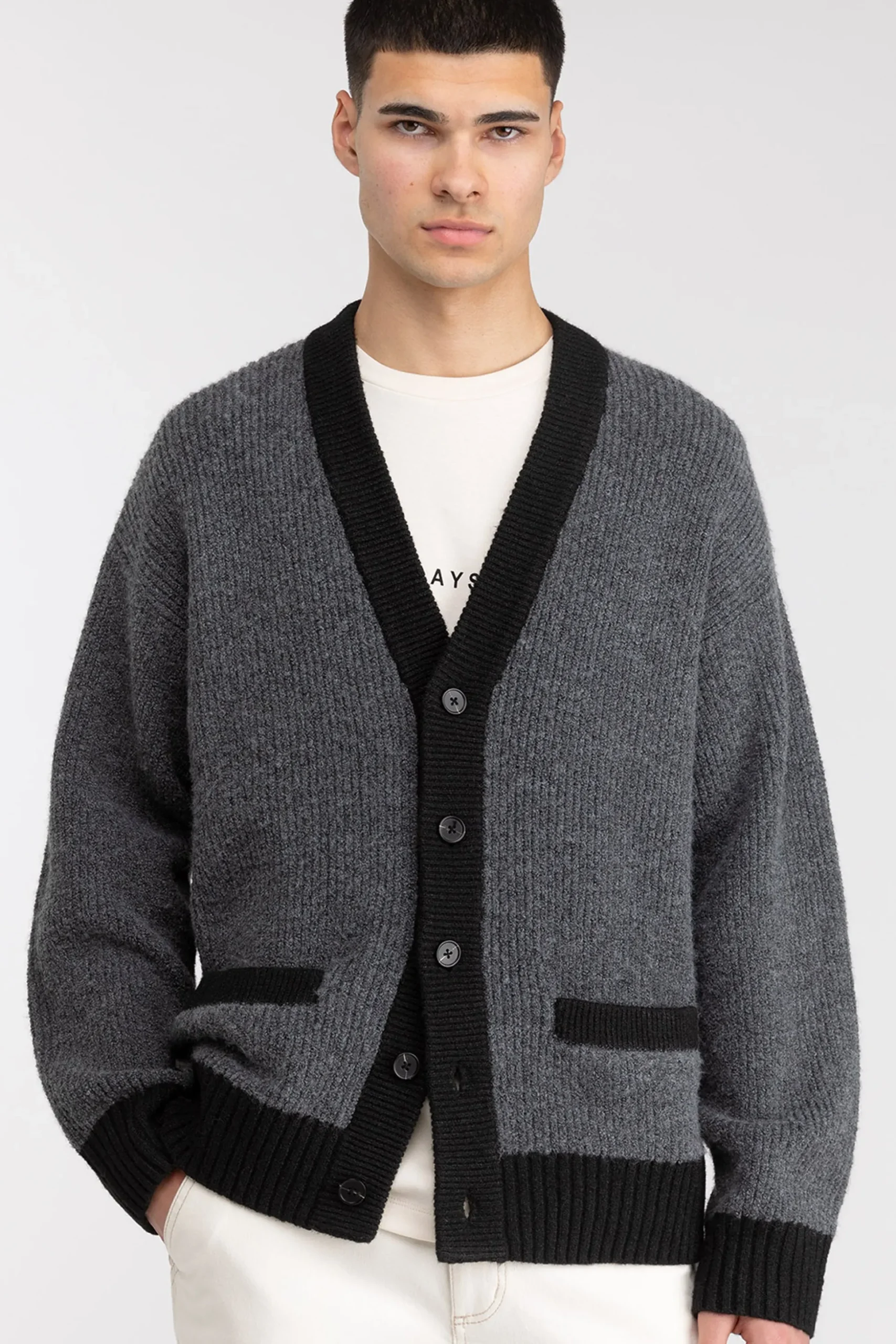 CONTRAST RIB BUTTON UP CARDIGAN