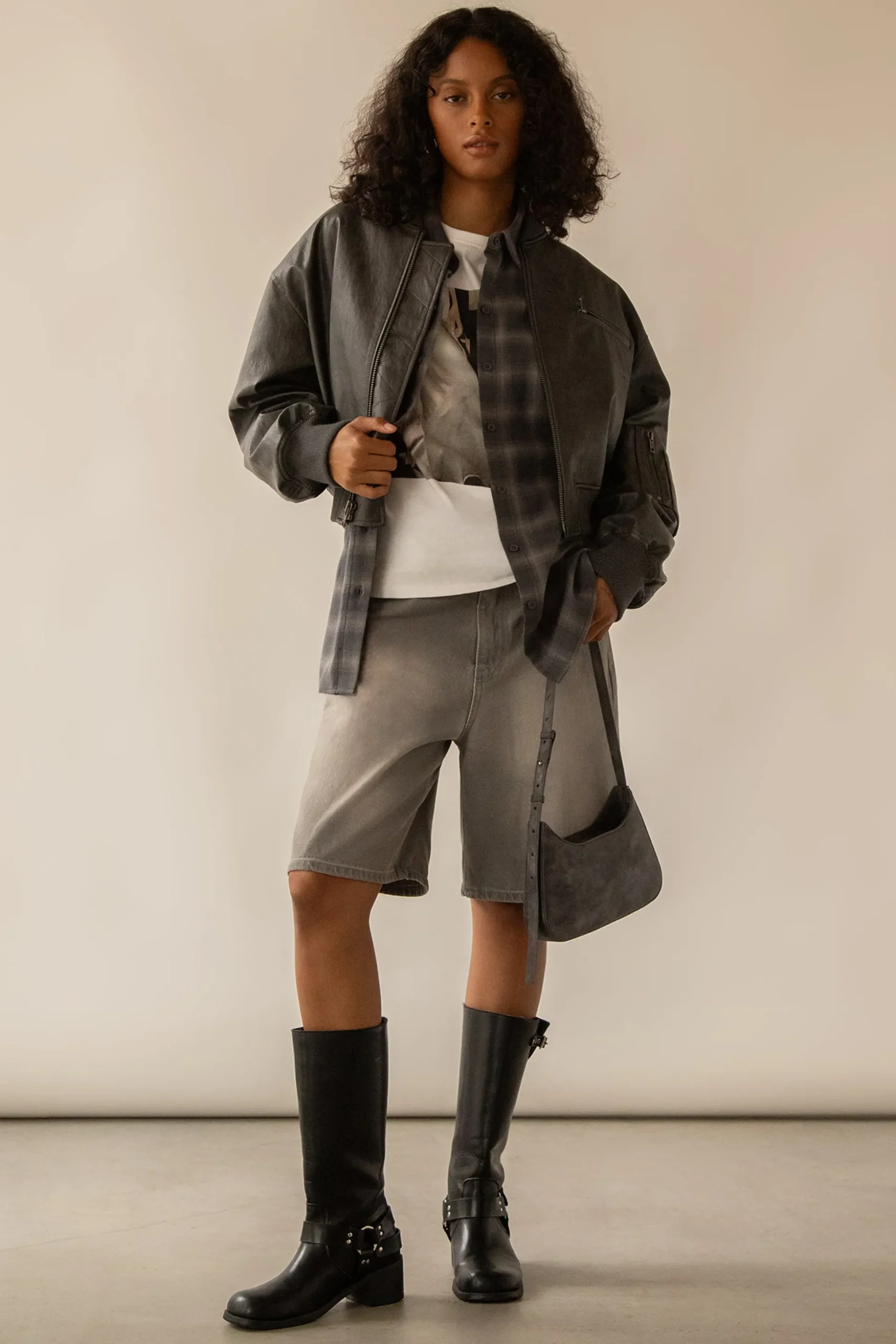 CROPPED VEGAN LEATHER BOMBER JACKET