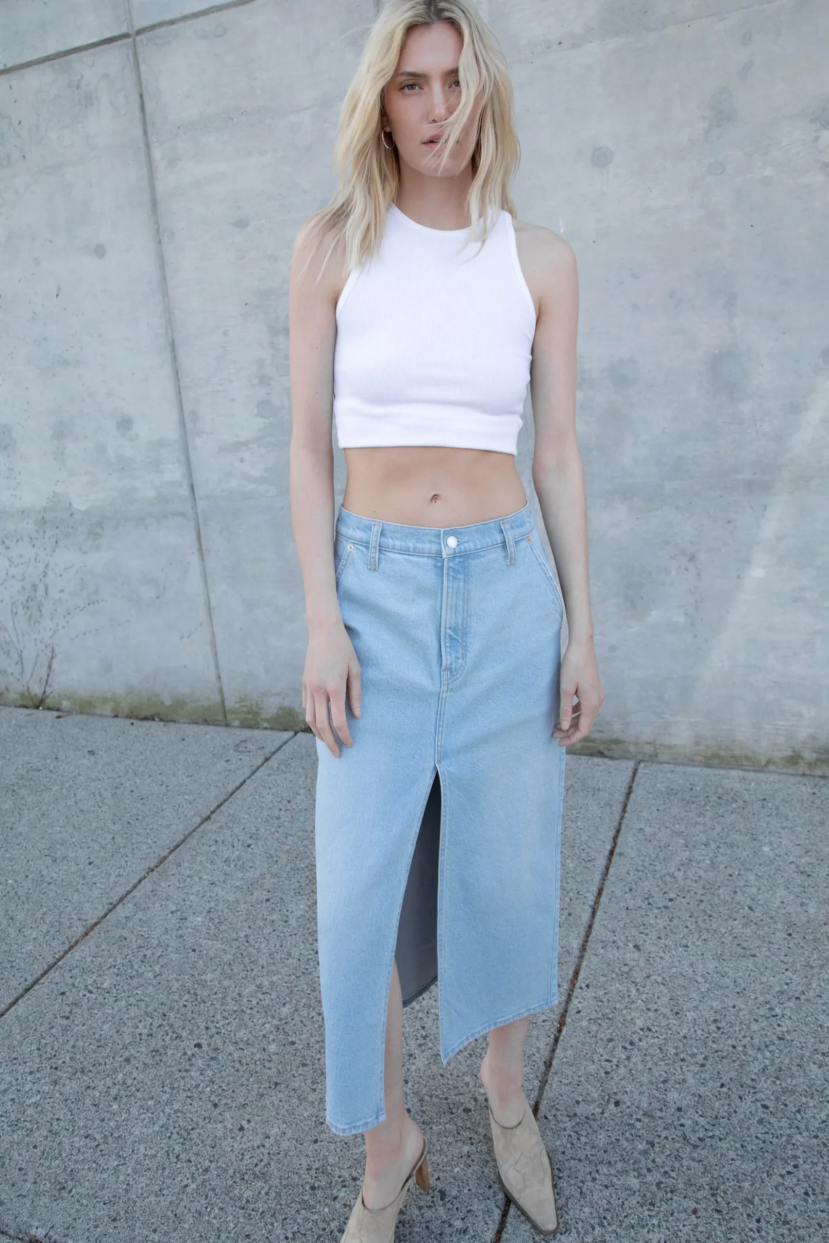 FRONT SLIT DENIM MIDI SKIRT