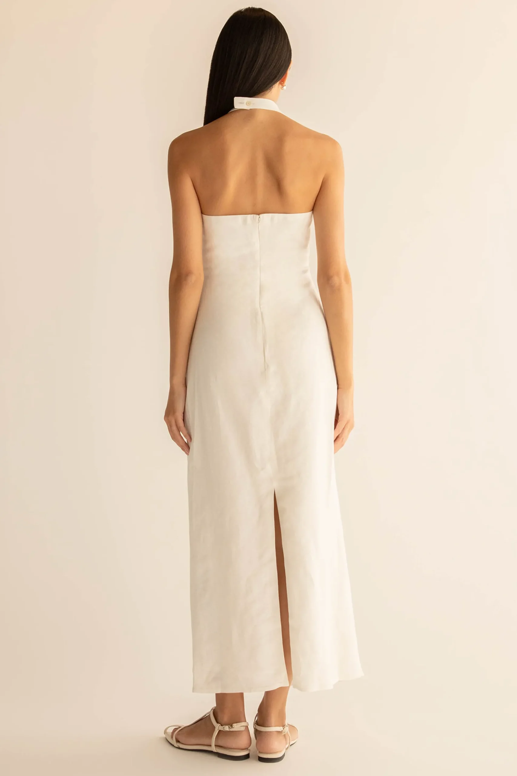 LINEN BLEND ASYMMETRIC HALTER MAXI DRESS