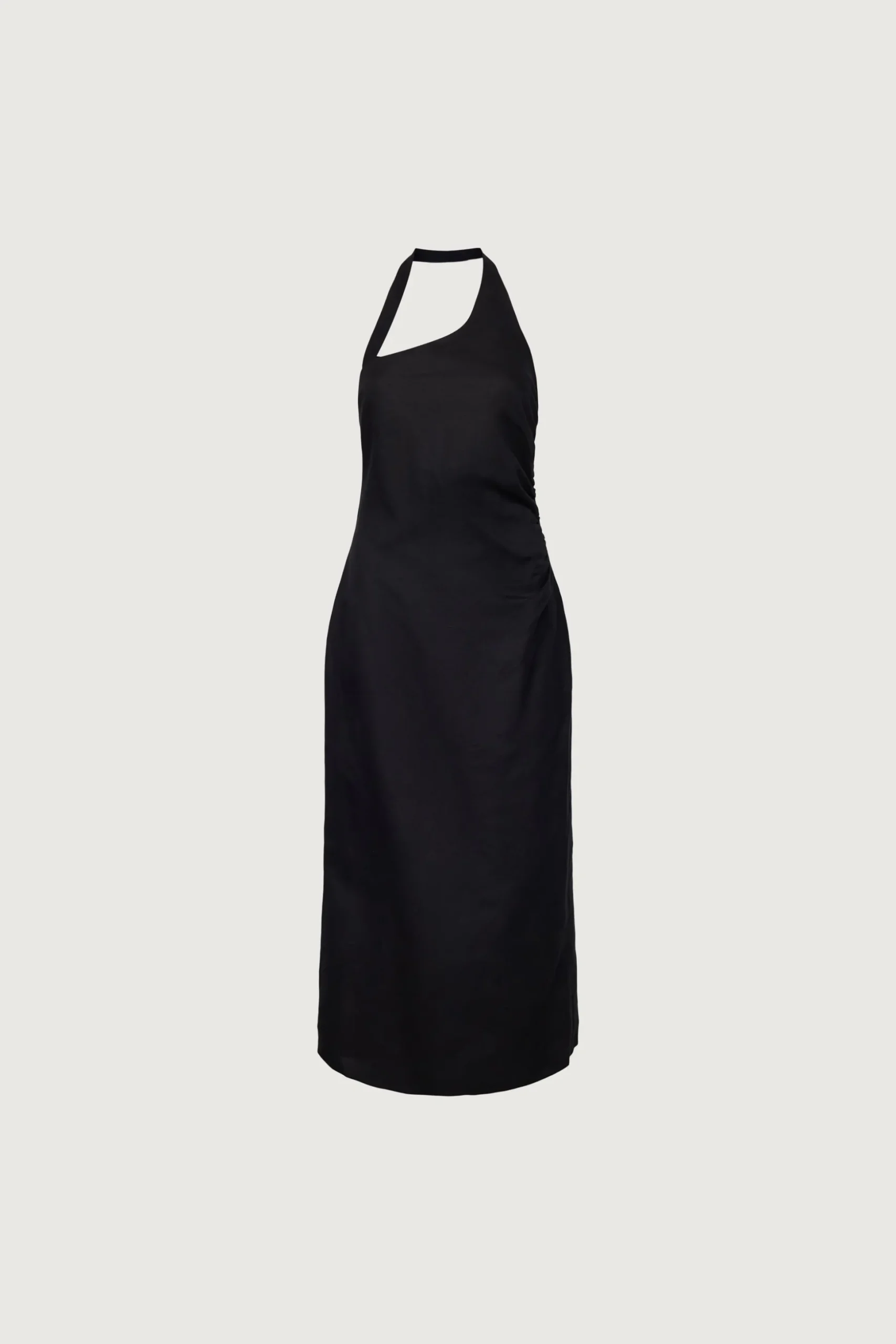 LINEN BLEND ASYMMETRIC HALTER MAXI DRESS