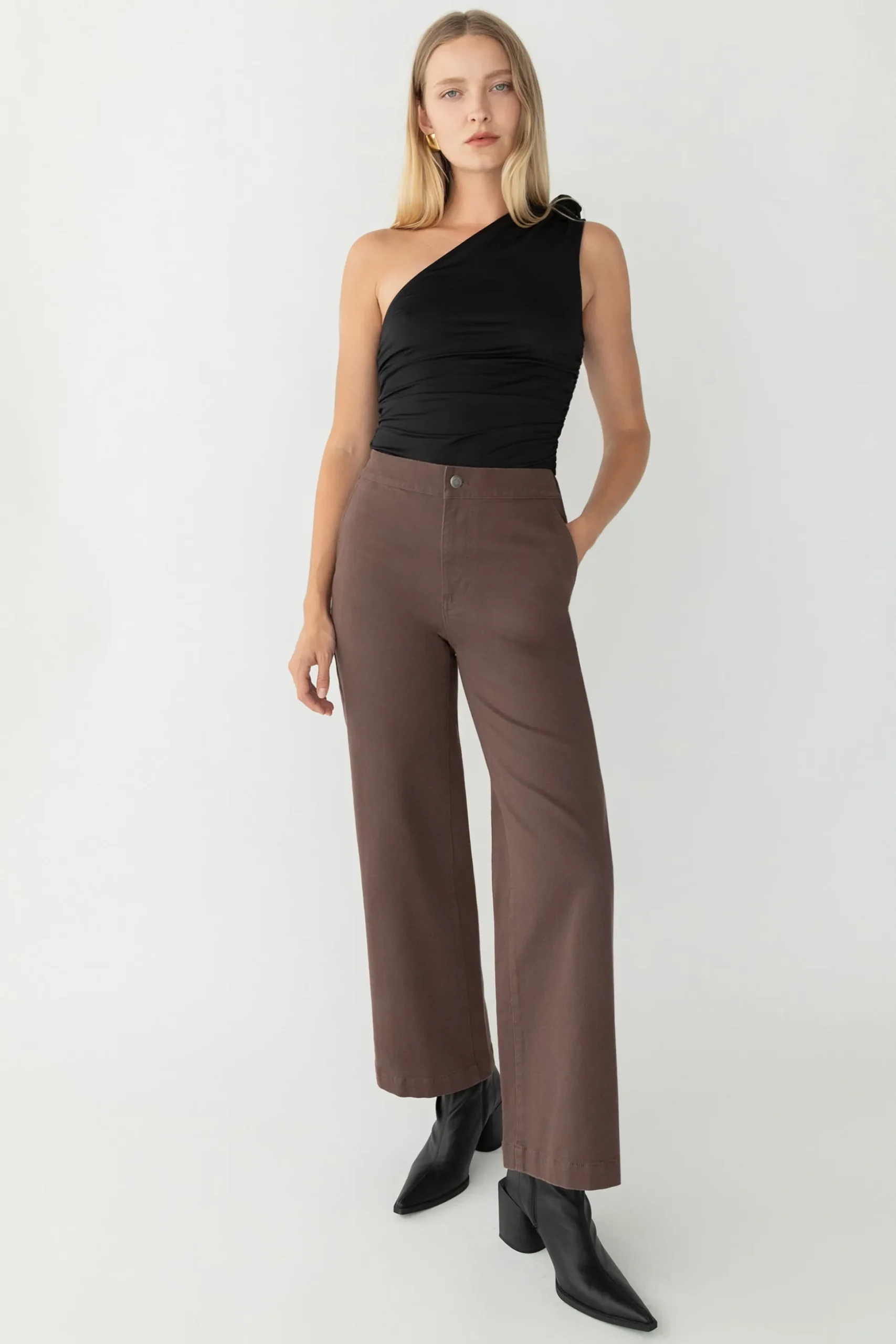 ONE SHOULDER RUCHED TOP WITH ROSETTE DETAIL