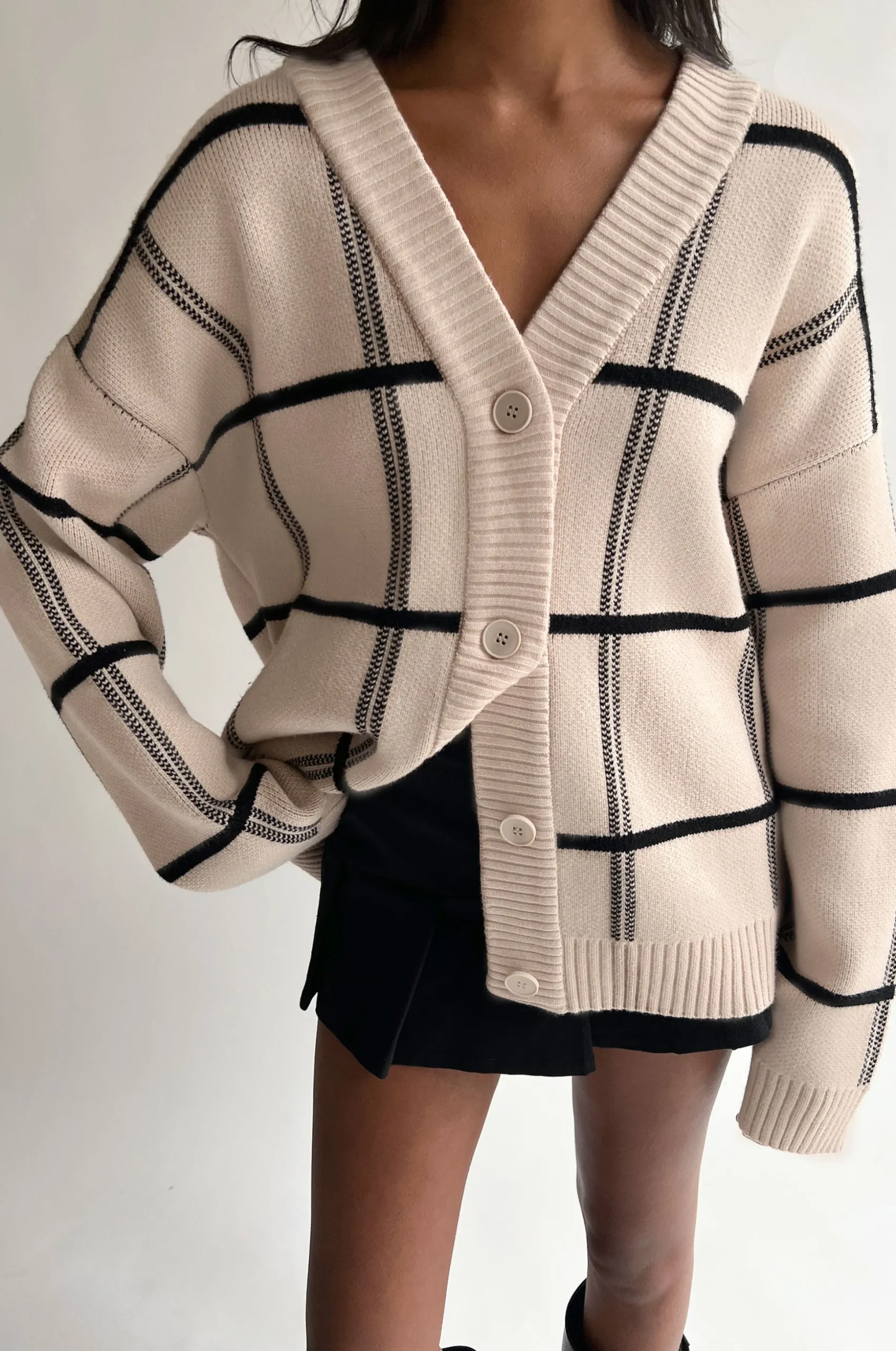 OVERSIZED GRID BUTTON FRONT CARDIGAN