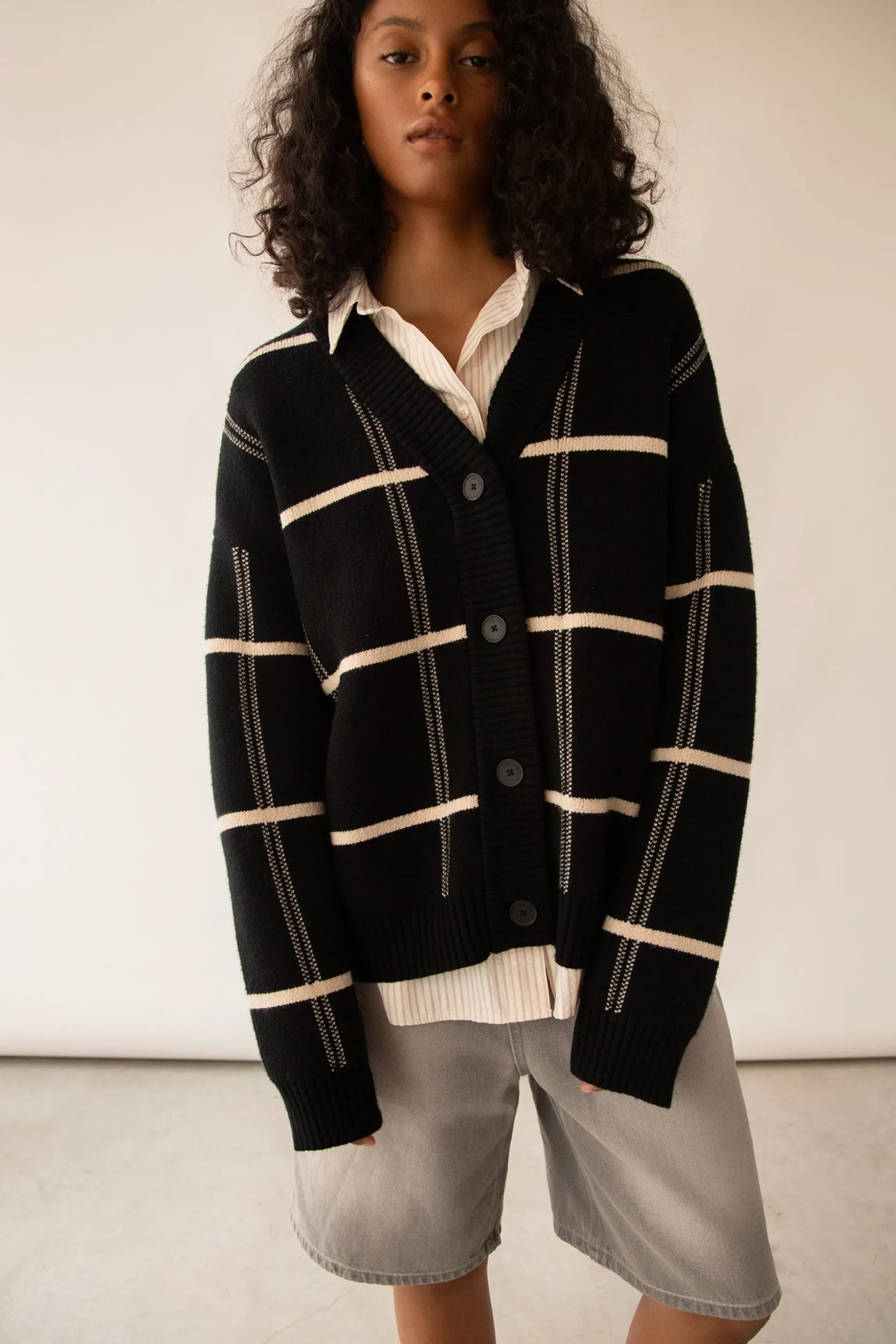 OVERSIZED GRID BUTTON FRONT CARDIGAN