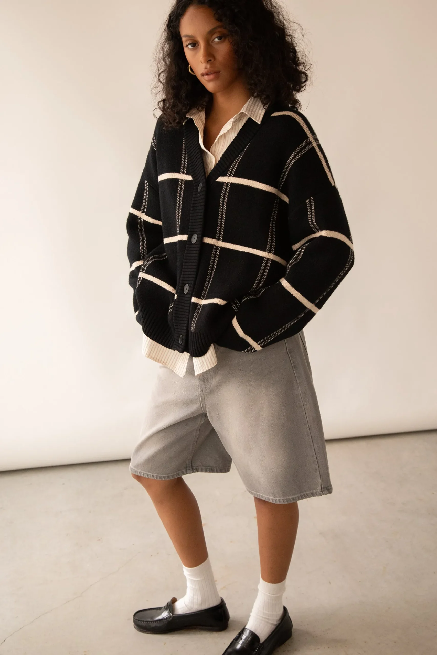 OVERSIZED GRID BUTTON FRONT CARDIGAN