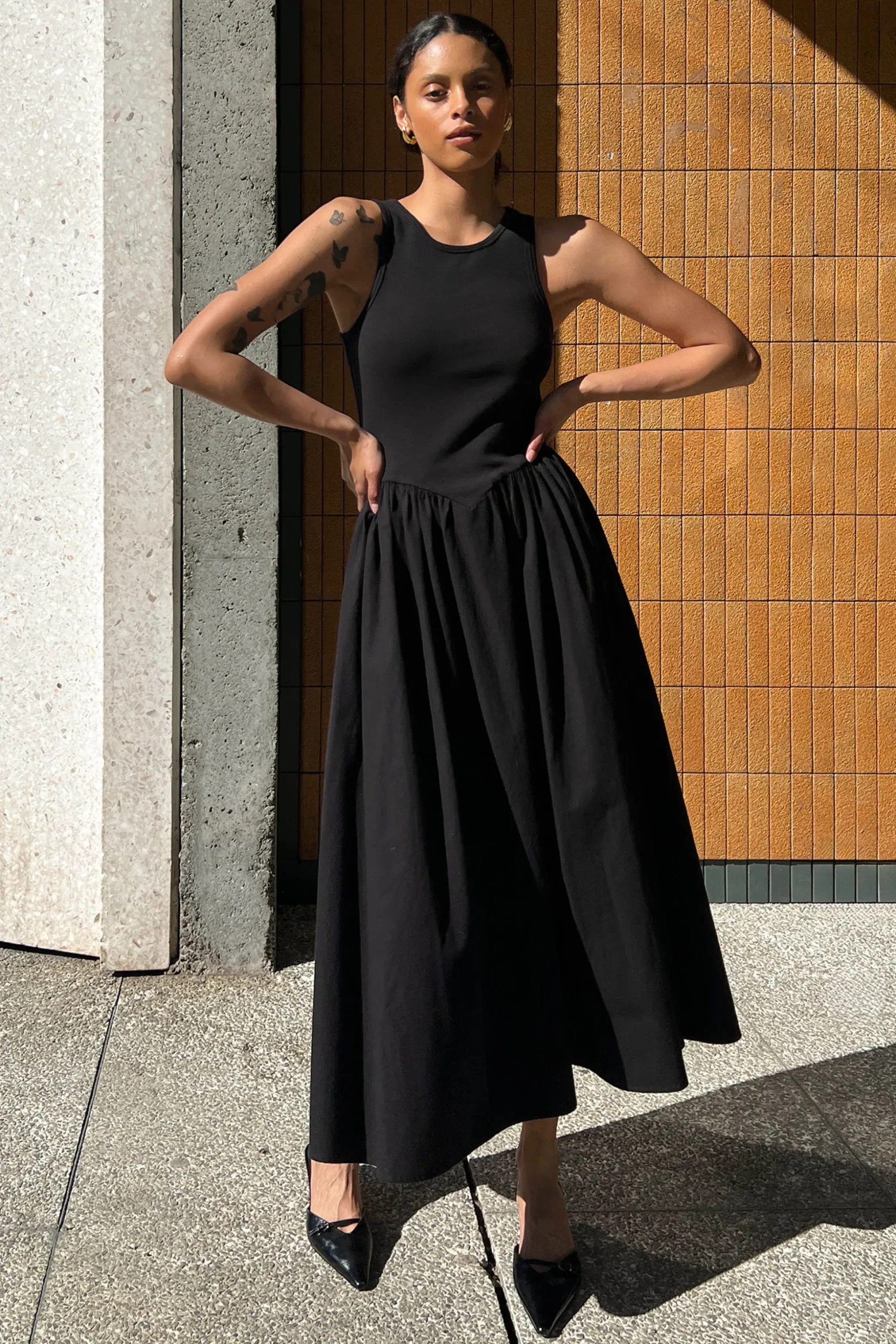 POPLIN RIB-KNIT DROP WAIST MIDI DRESS