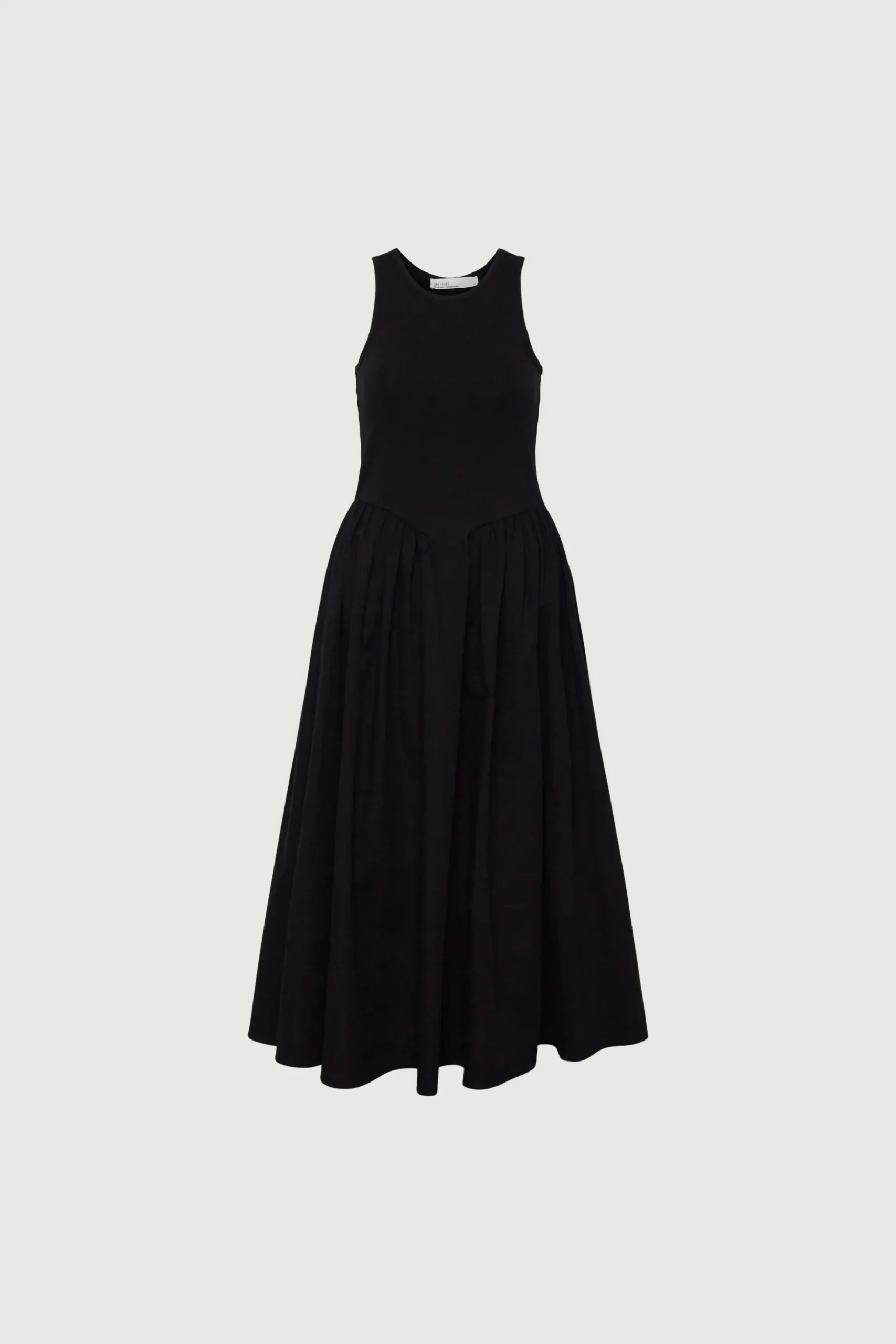 POPLIN RIB-KNIT DROP WAIST MIDI DRESS