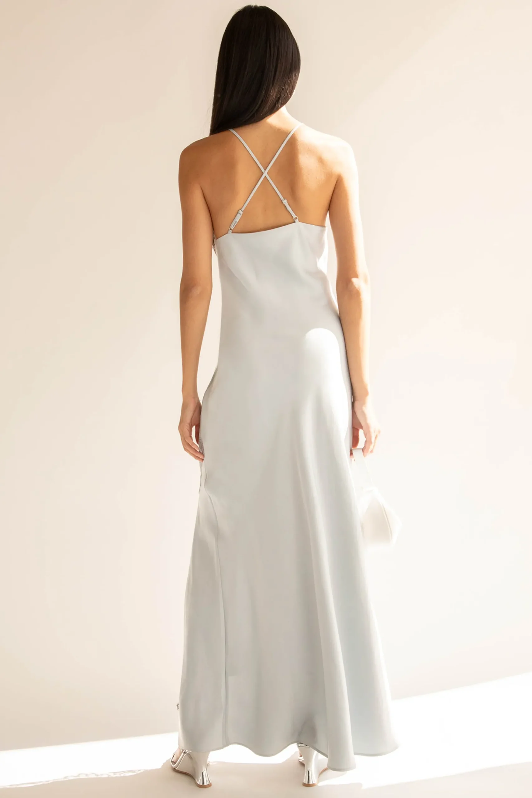 SATIN MAXI DRESS WITH LACE TRIM SLIT