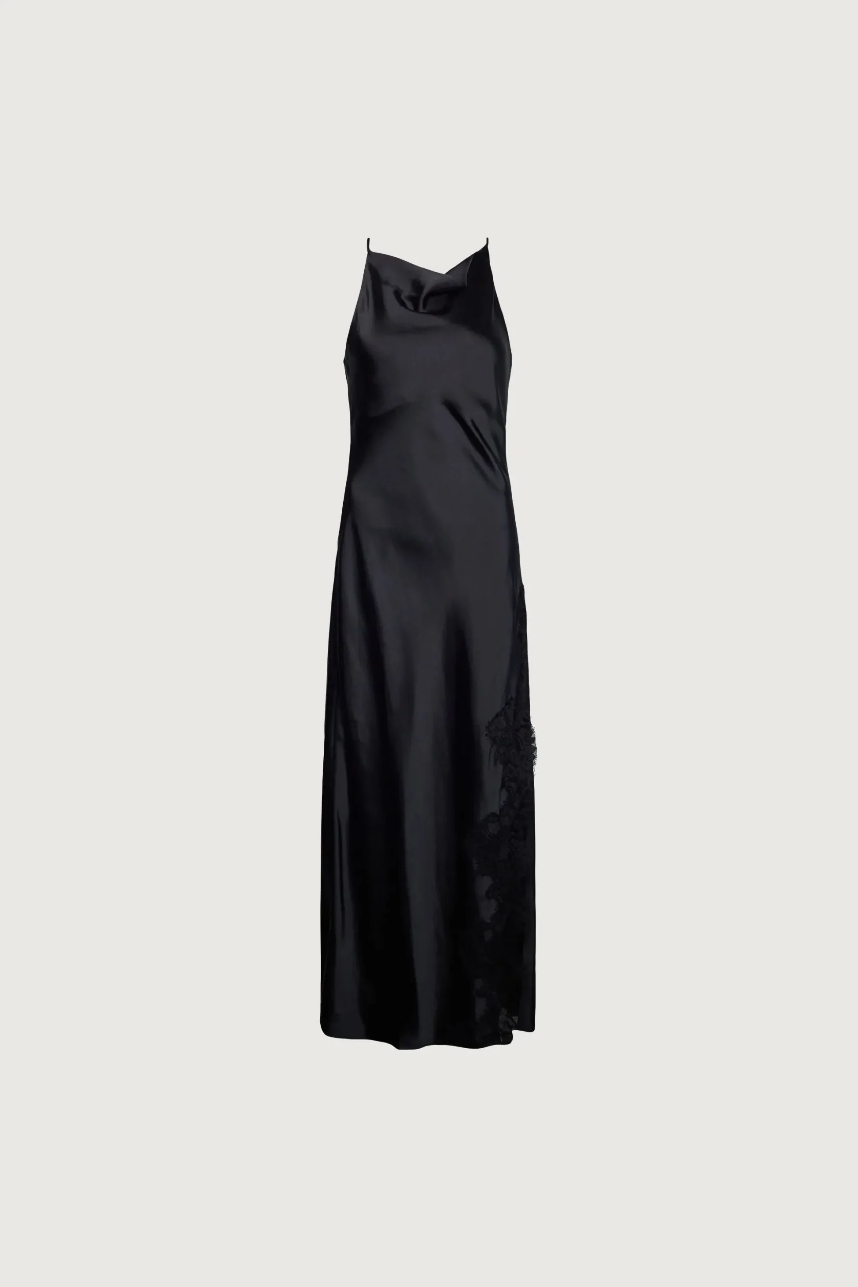 SATIN MAXI DRESS WITH LACE TRIM SLIT