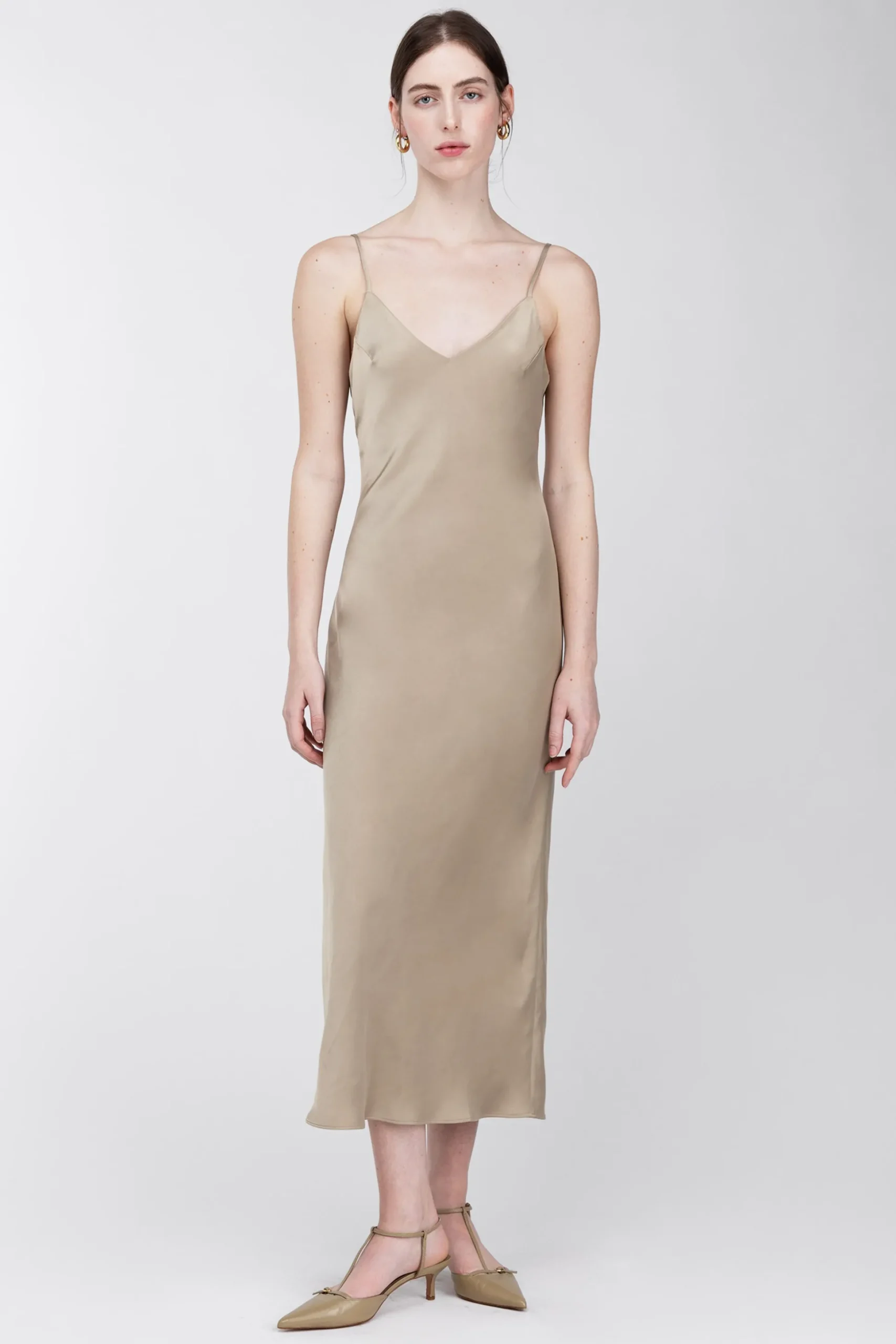 SATIN V-NECK SLIP MIDI DRESS