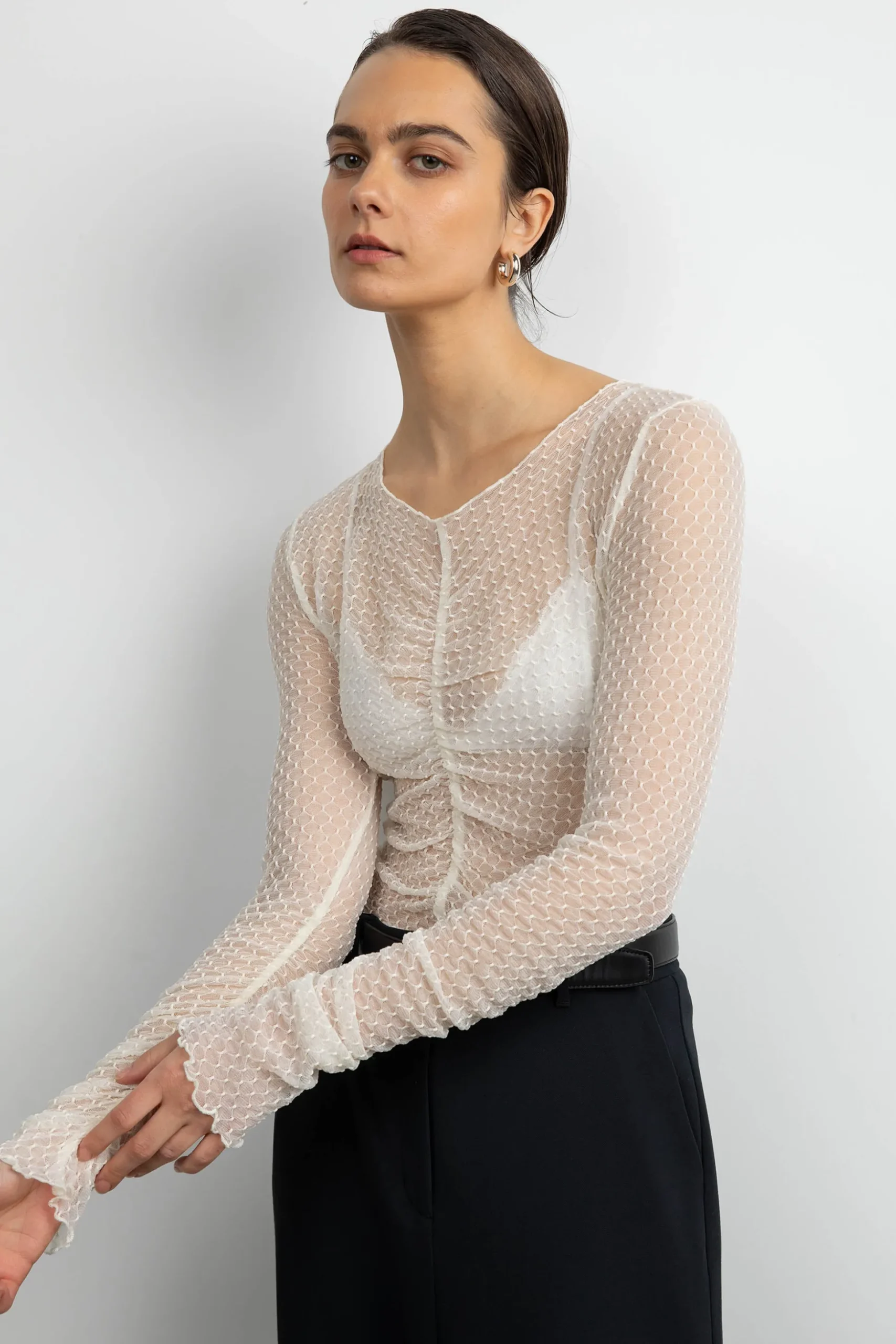 SHEER MESH RUCHED LONG SLEEVE TOP
