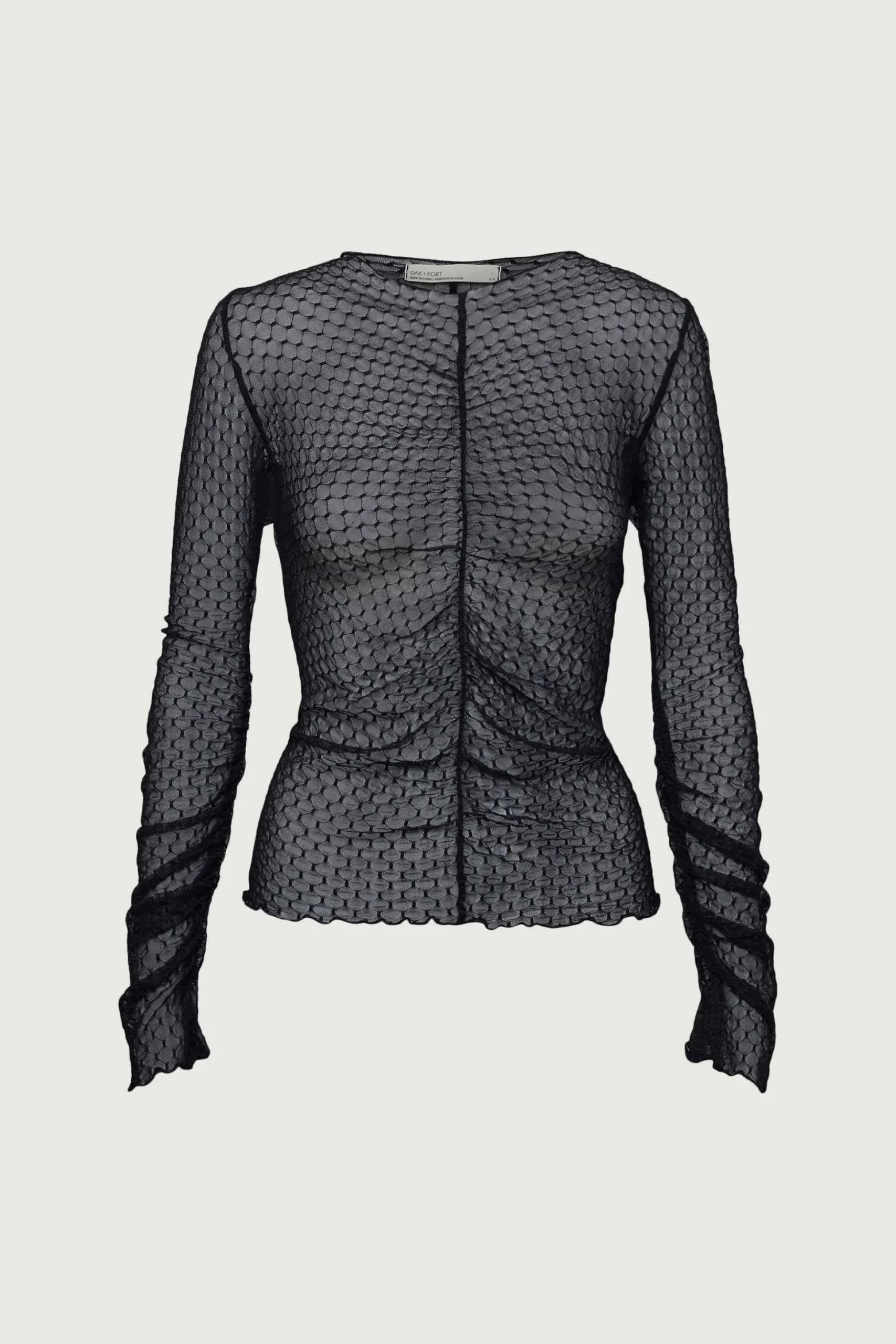 SHEER MESH RUCHED LONG SLEEVE TOP