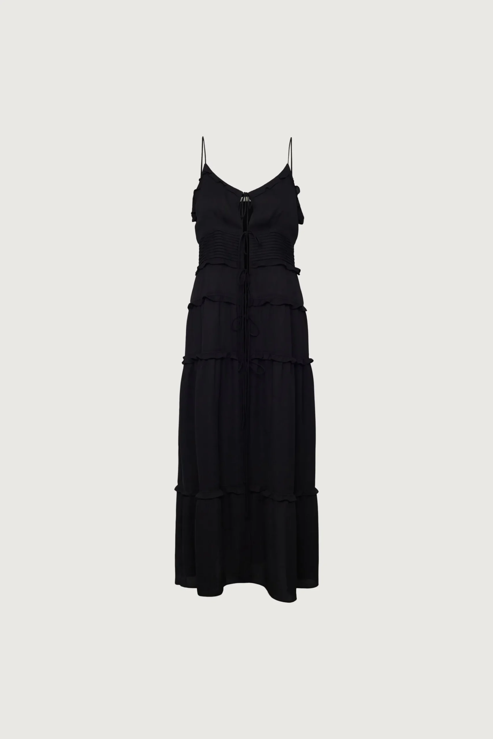 SHEER TIE-FRONT TIERED MIDI DRESS