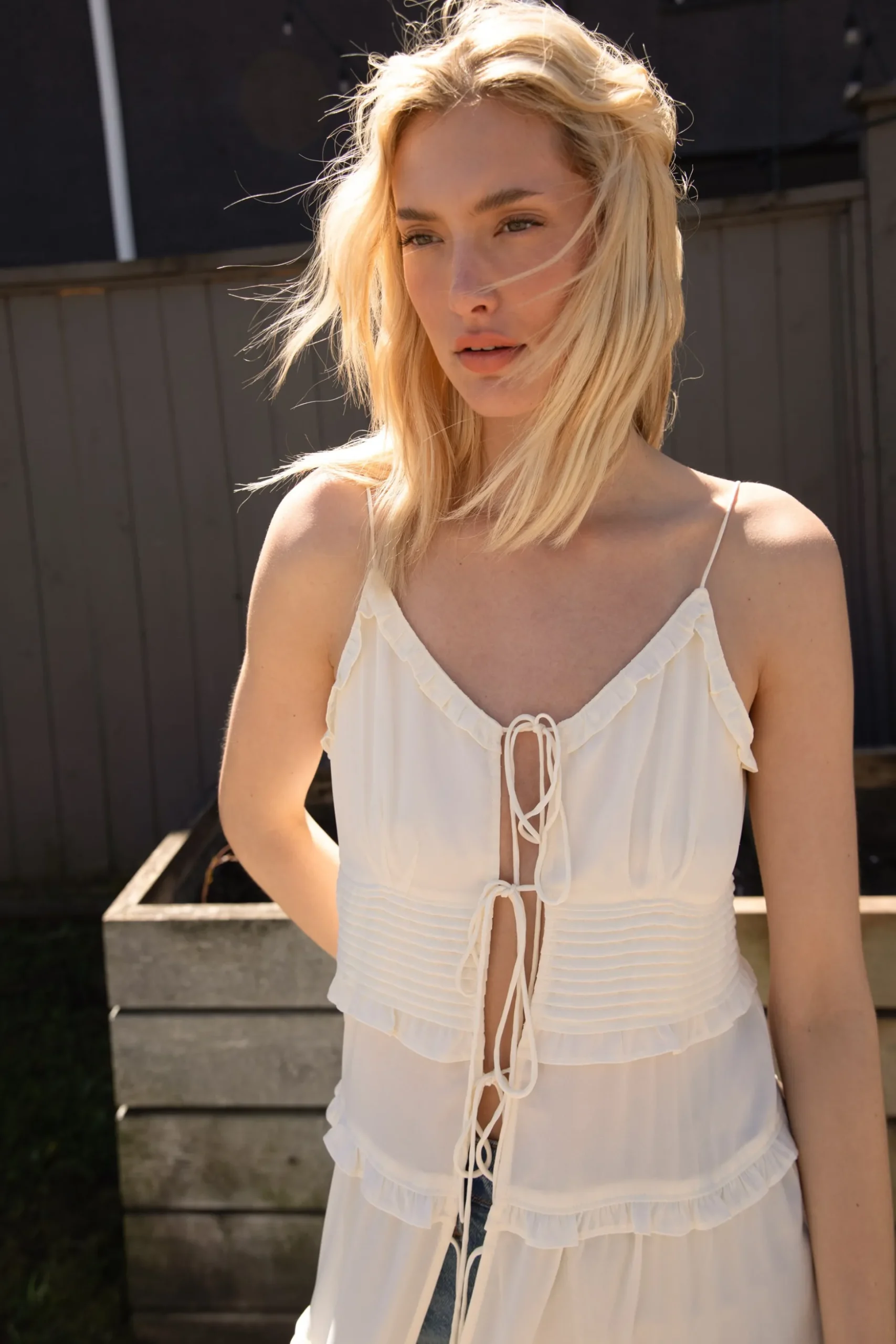 SHEER TIE-FRONT TIERED MIDI DRESS