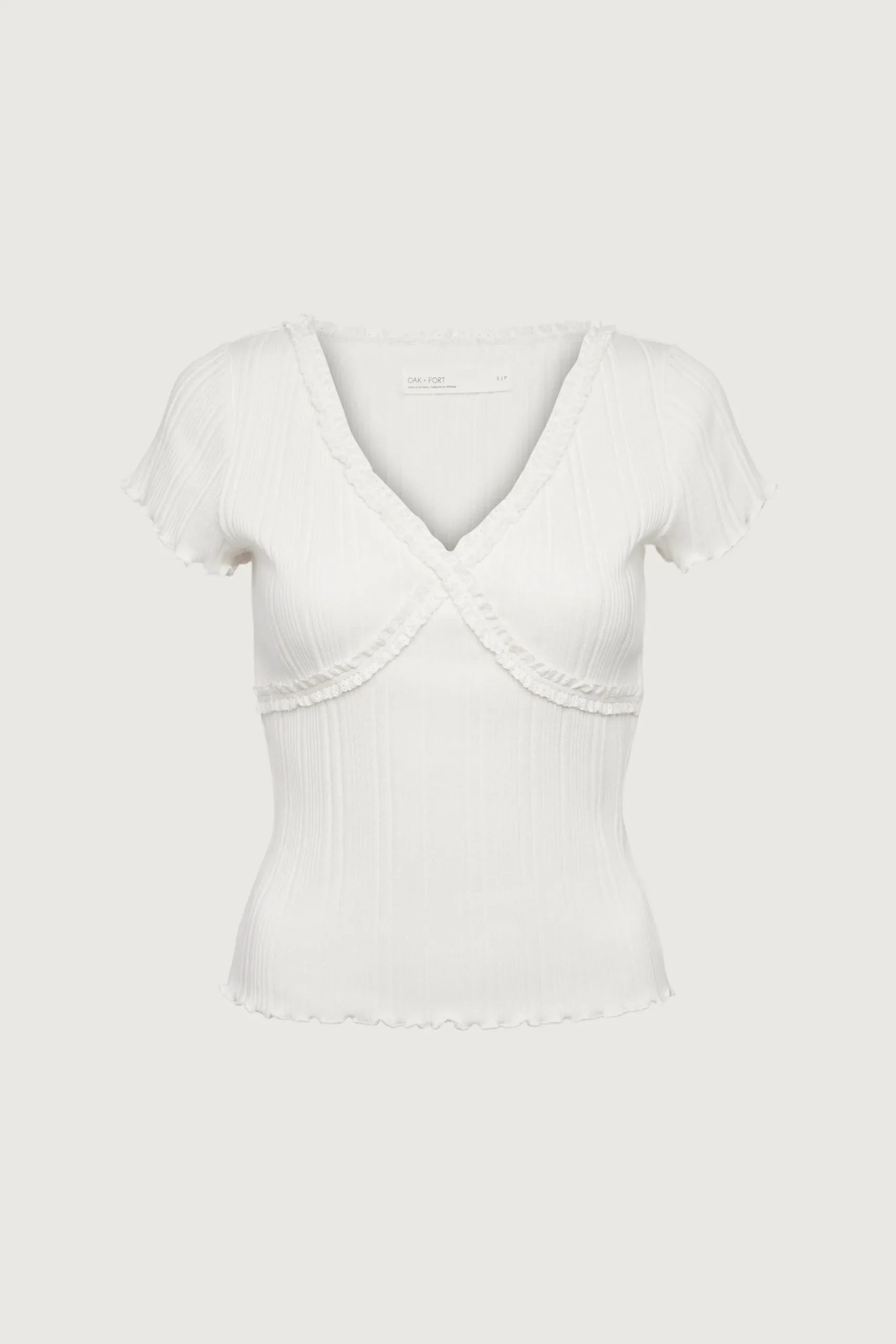 SHORT SLEEVE TOP WITH LACE V-NECKLINE
