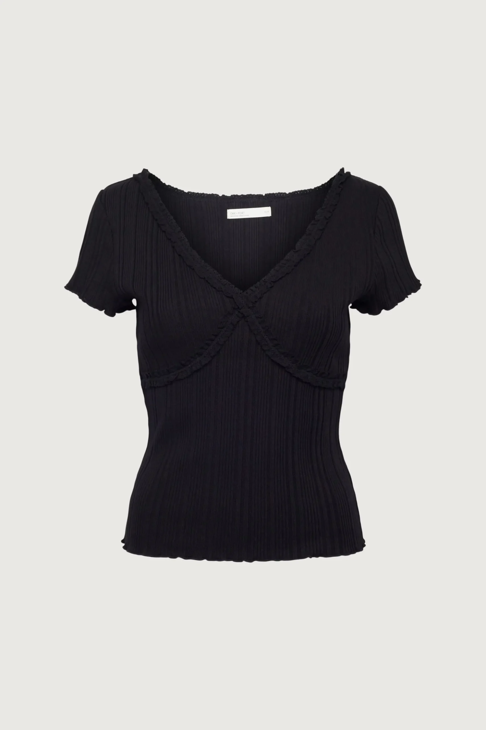 SHORT SLEEVE TOP WITH LACE V-NECKLINE