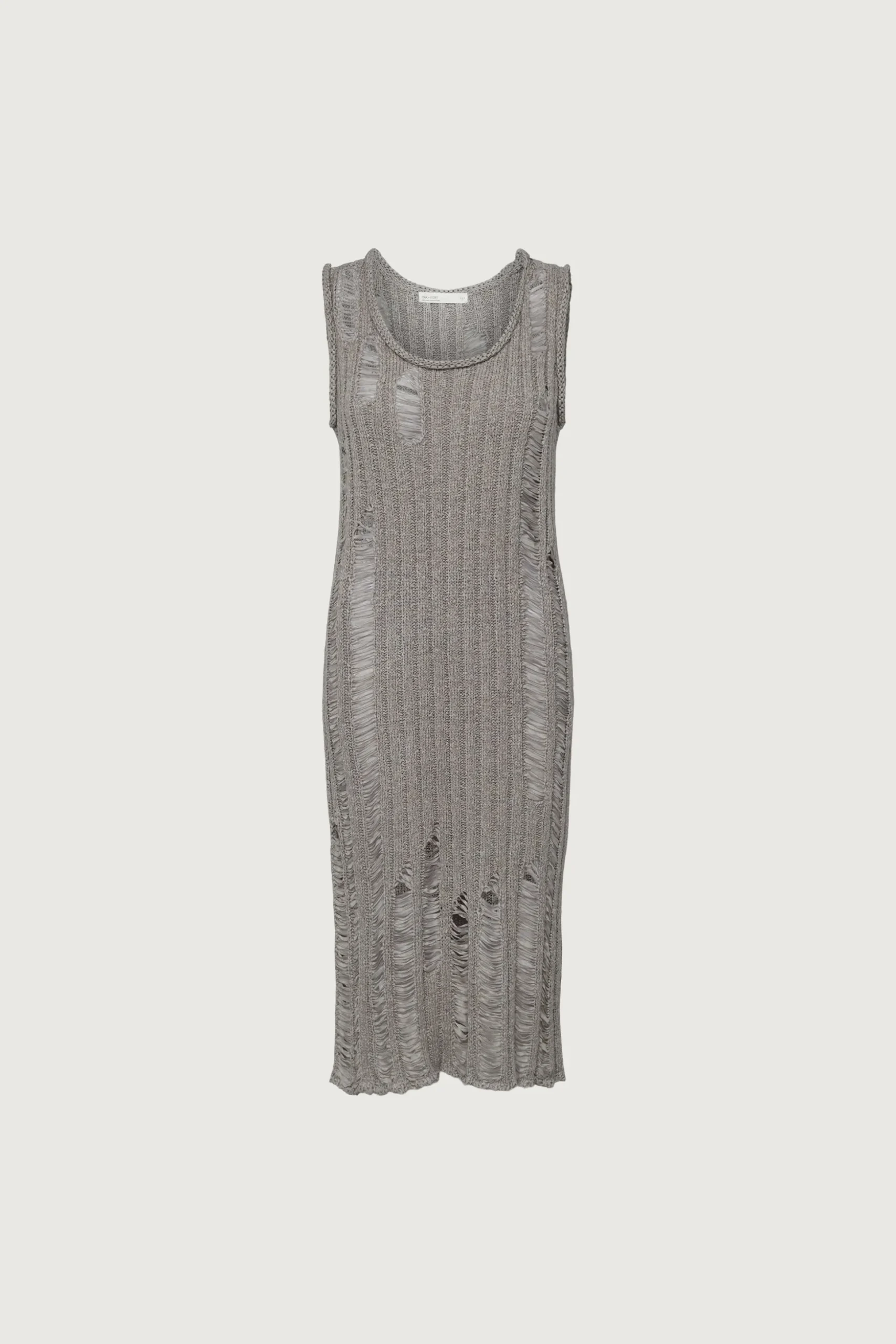 SLEEVELESS RIB-KNIT DISTRESSED MIDI DRESS