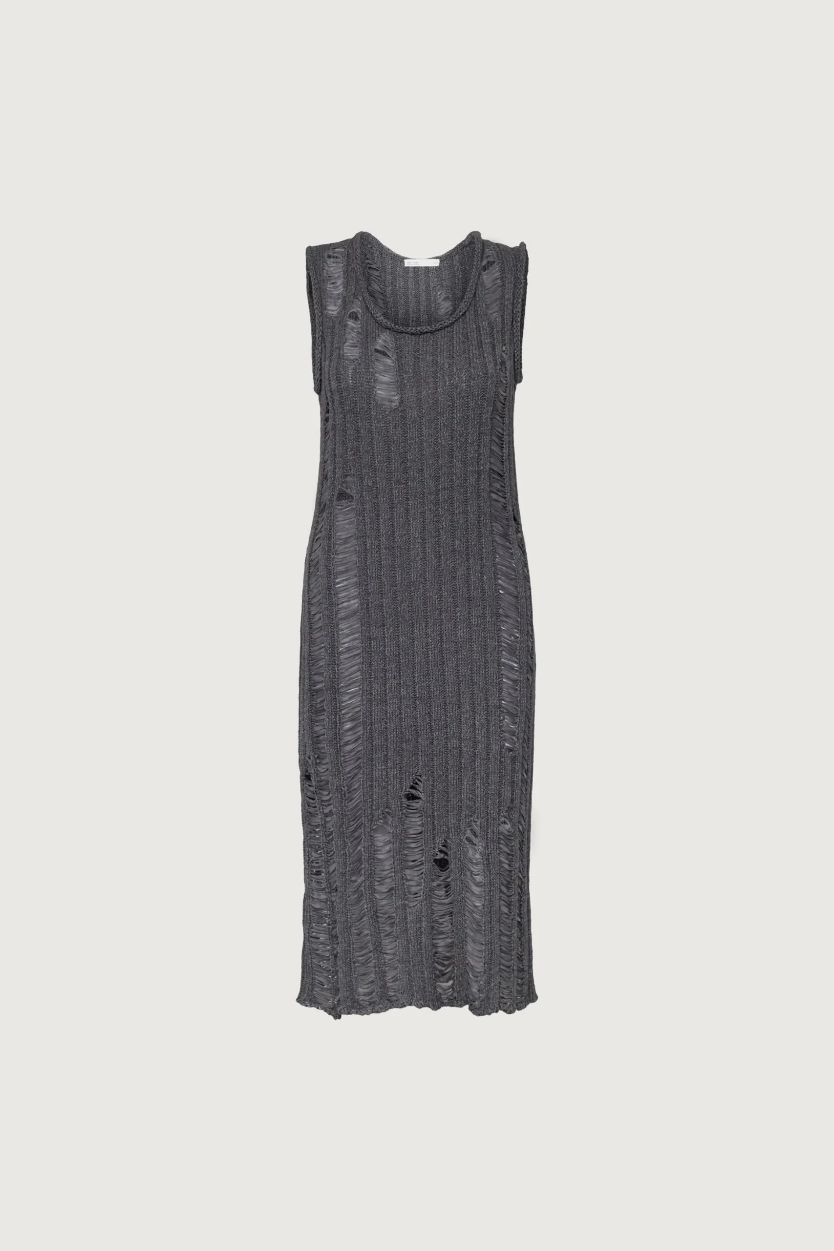 SLEEVELESS RIB-KNIT DISTRESSED MIDI DRESS