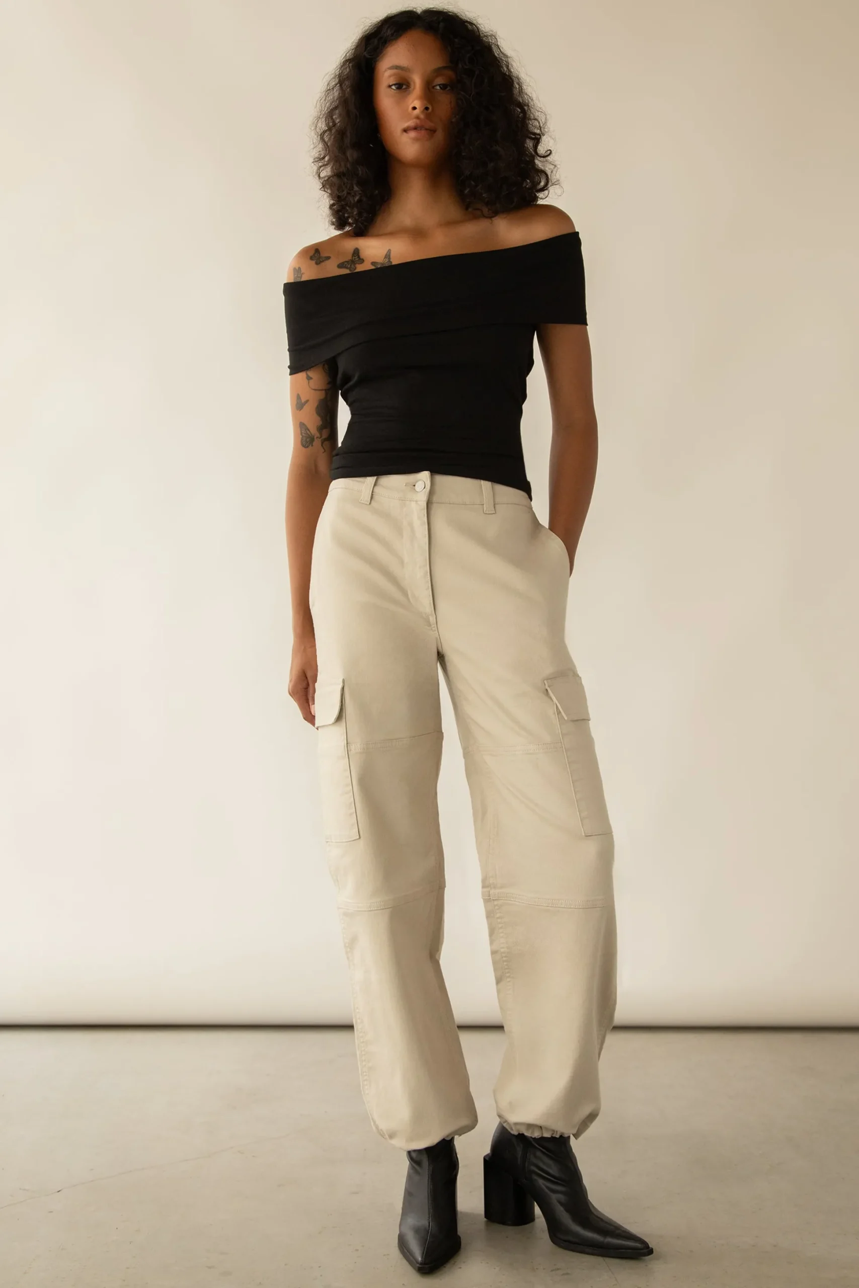TWILL WIDE LEG CARGO PANT WITH SHOCK CORD